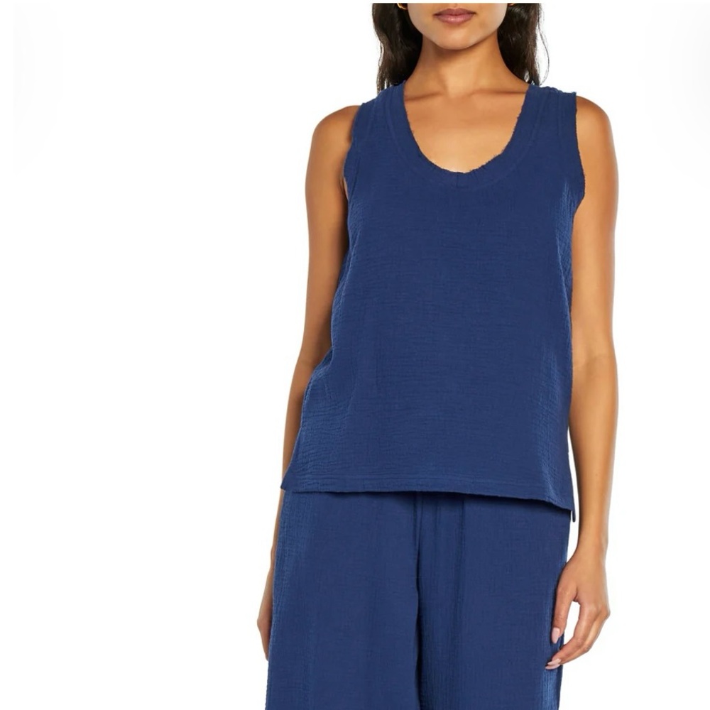 THREE DOTS Gauze 100% Cotton Raw Edge Tank Top Size Oversized XS NWT $72